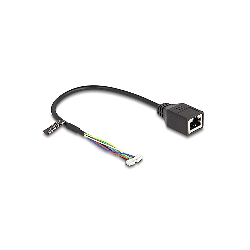 Cavo Ethernet nero con vari fili colorati e un connettore. Sfondo bianco. Il connettore è quadrato con una porta.