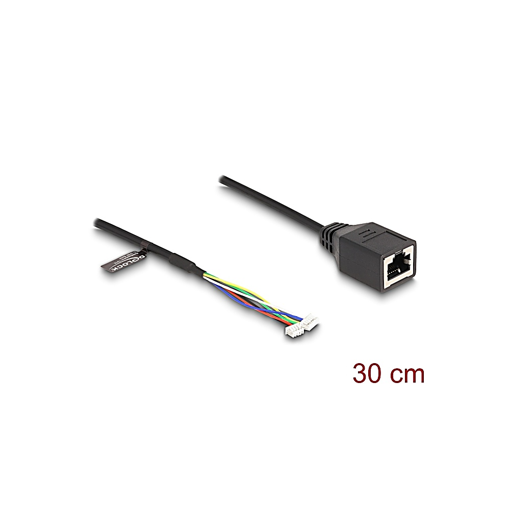 Due cavi di rete neri con fili colorati. Un cavo ha un connettore, l'altro una presa. Il testo '30 cm' è visibile.