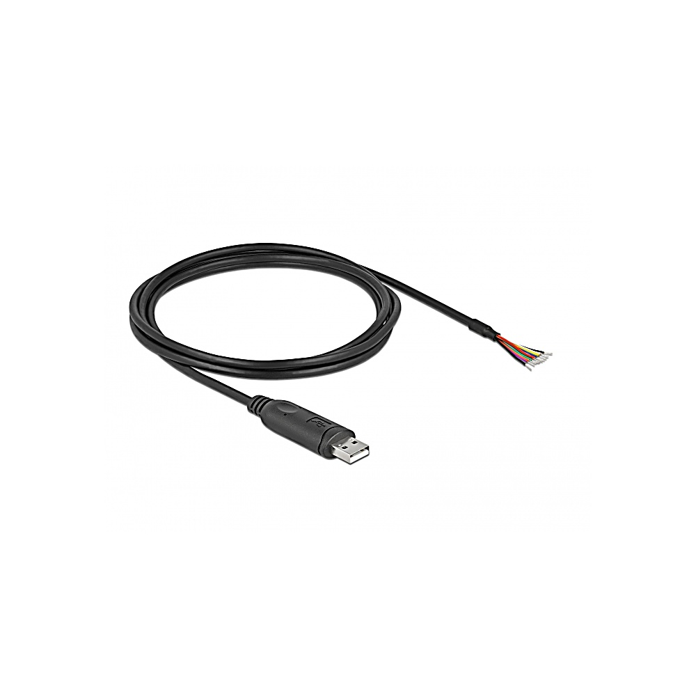 Un cavo USB nero arrotolato su una superficie bianca. Un'estremità ha un connettore USB, l'altra ha fili multicolore esposti.