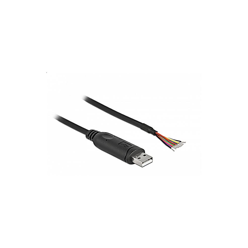 Un cavo USB nero con connettore USB e fili scoperti. Lo sfondo è bianco semplice.