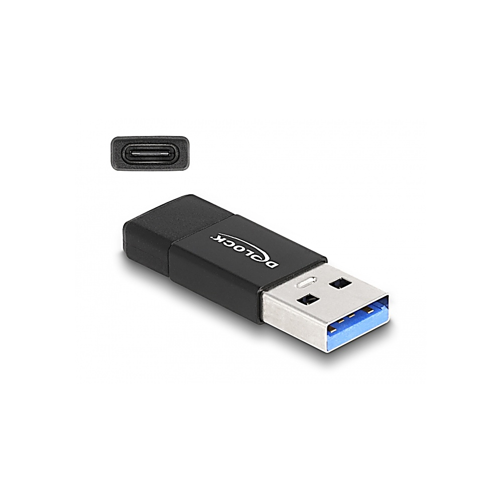 Czarny pendrive z srebrnym złączem USB i niebieskim wnętrzem. Mniejsze złącze USB-C jest powyżej. Białe tło.
