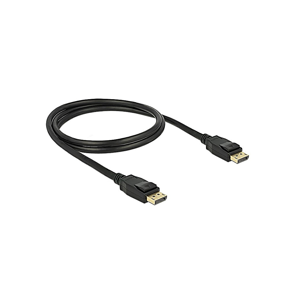Czarny kabel DisplayPort na białym tle. Kabel jest zwinięty, z wtyczkami na każdym końcu.