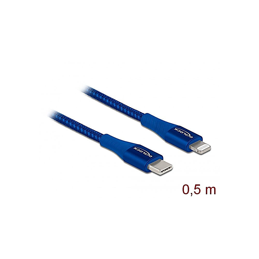 Dos cables de carga USB azules. Uno con conector USB-C y otro con conector lightning, sobre fondo blanco.