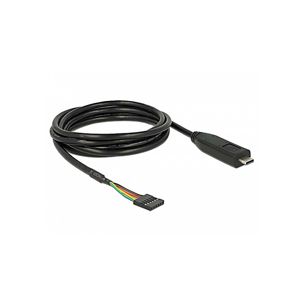 Un cavo USB nero con un connettore da un lato e un'intestazione dall'altro. Il cavo è arrotolato. I fili sono visibili sull'intestazione.
