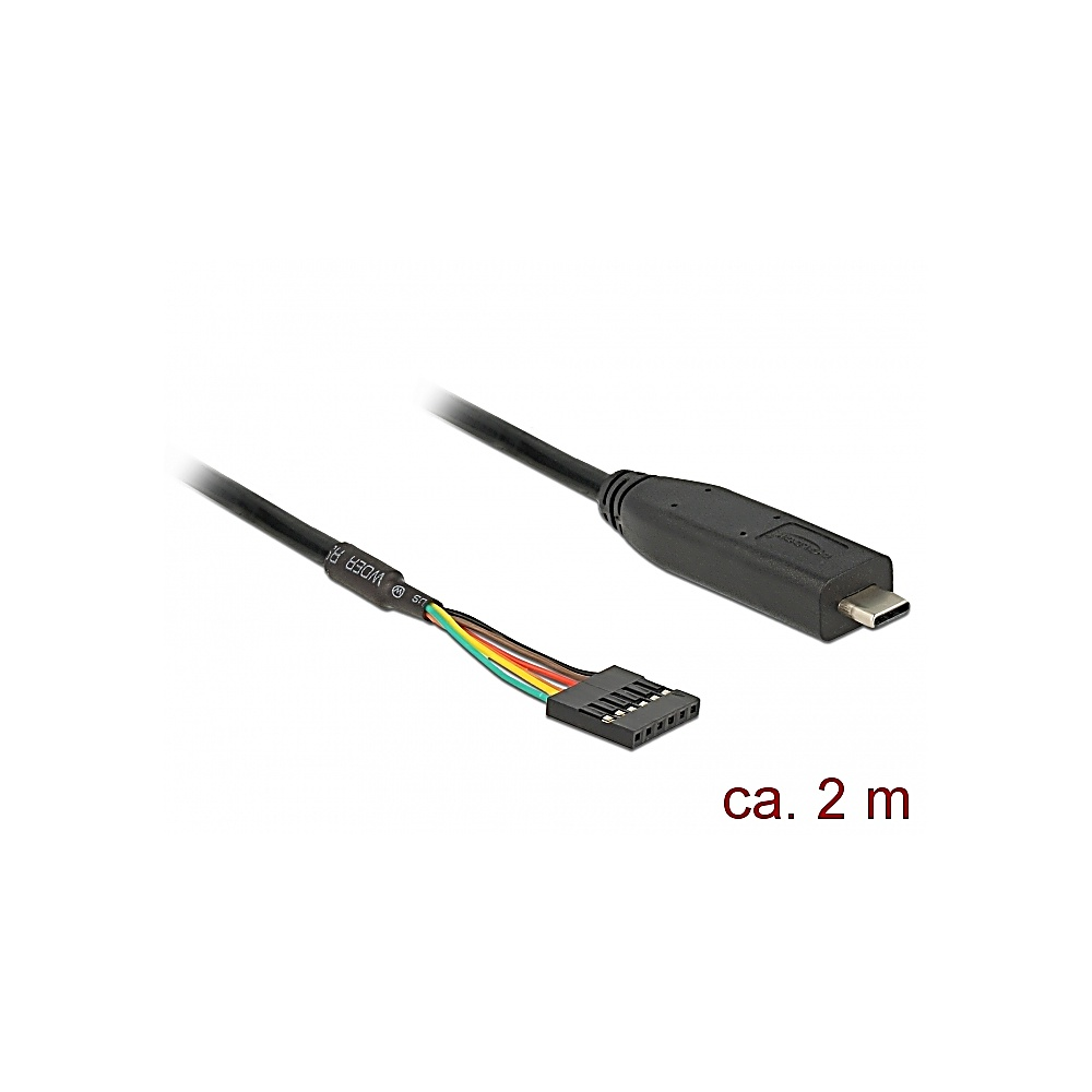 Un cavo USB nero con connettore USB-C e connettore con fili colorati. Il testo 'ca. 2 m' è scritto in basso.