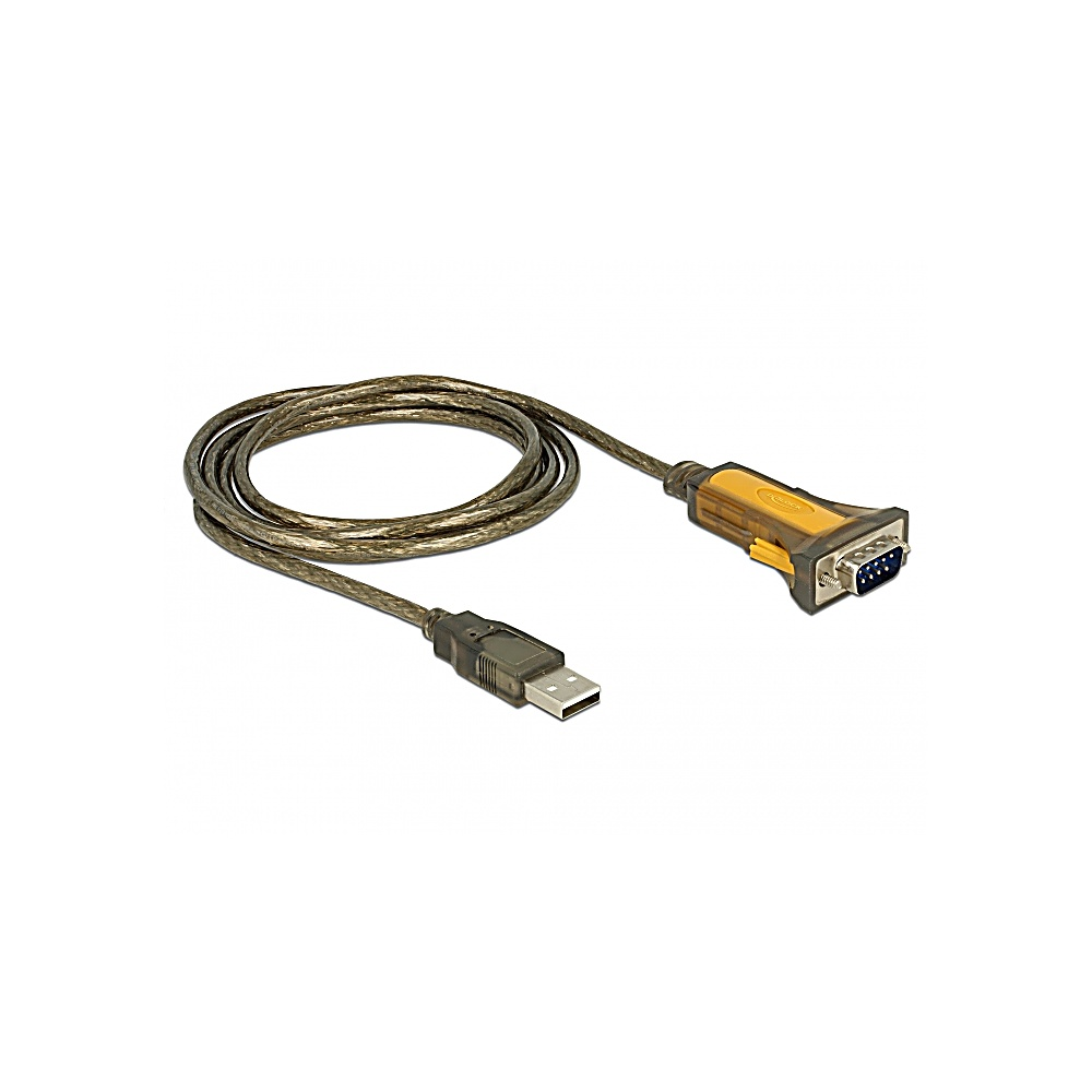 Kabel adaptera USB na szeregowy. Końcówka USB jest czarna, końcówka szeregowa jest żółta. Kabel jest zwinięty.