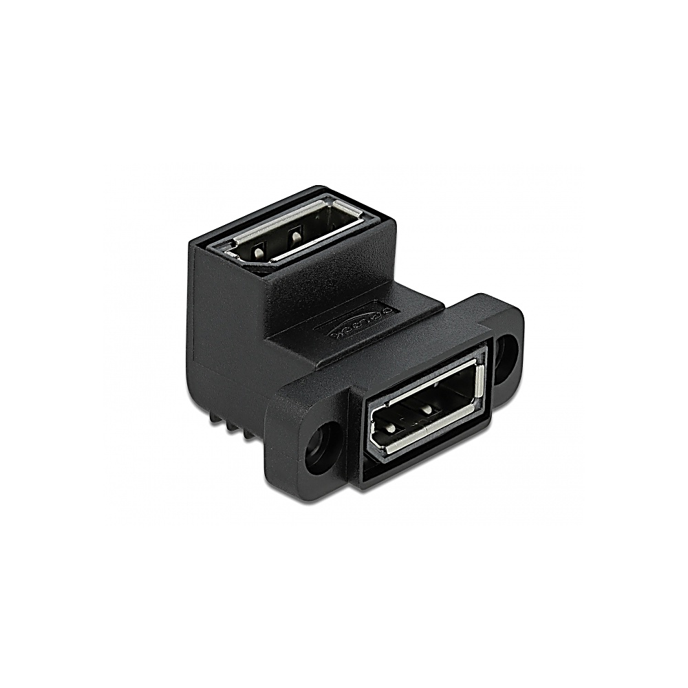 Un adattatore USB nero con due porte. Una porta è in alto, un'altra sul davanti. Lo sfondo è bianco.