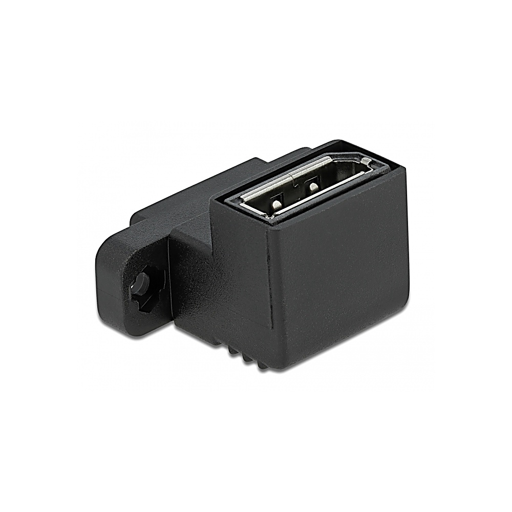 Un adattatore USB nero angolato. È posto su sfondo bianco. L'adattatore ha un corpo rettangolare e un connettore metallico.
