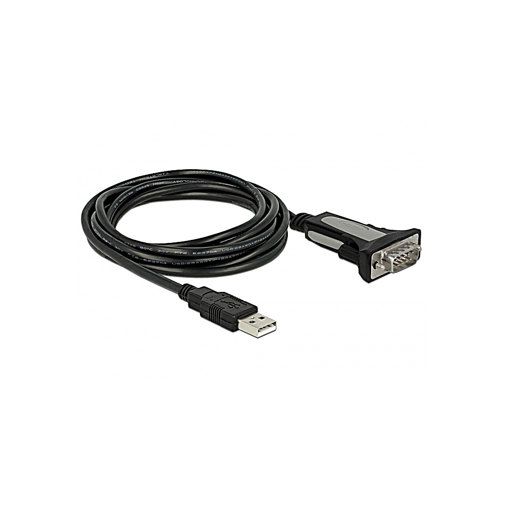 Un cavo da USB a seriale nero su sfondo bianco. Il cavo è arrotolato e ha un connettore USB e un connettore seriale.