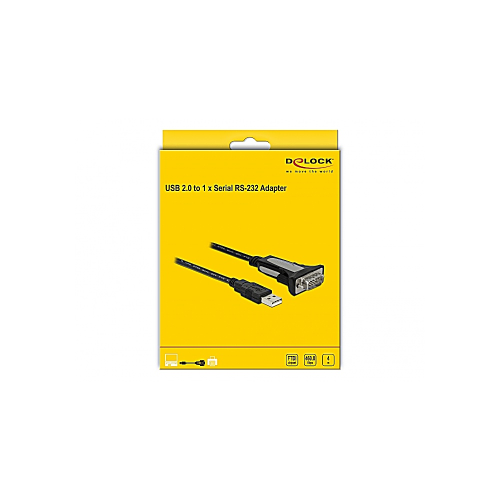 Un adattatore da USB 2.0 a seriale RS-232 è mostrato su una scatola gialla con il marchio Delock. Il cavo è nero.
