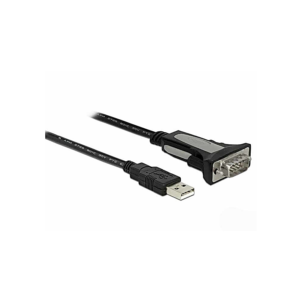 Un cavo da USB a seriale nero su sfondo bianco. Un'estremità è USB, l'altra ha un connettore a 9 pin.