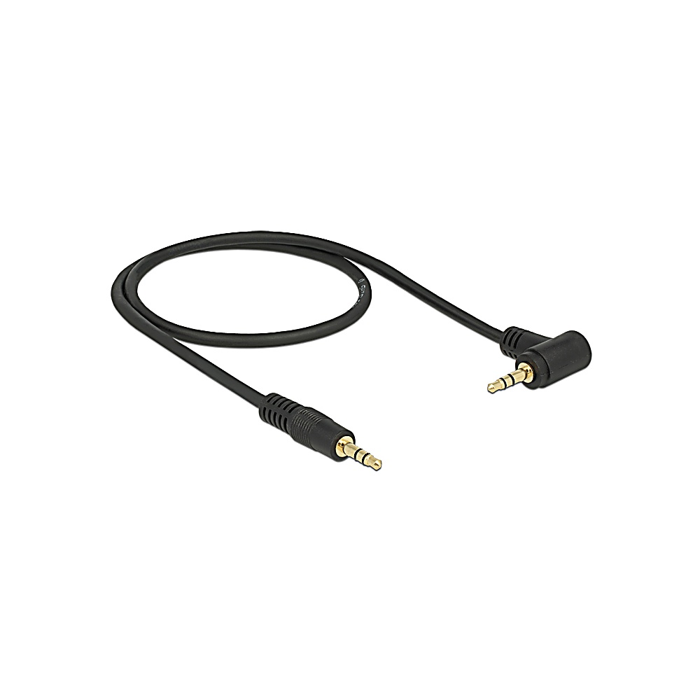 Un cavo audio nero con due jack da 3,5 mm. Uno è dritto, l'altro è angolato. Il cavo è su sfondo bianco.