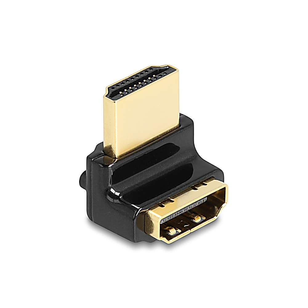 Un adaptador HDMI en ángulo. Tiene un cuerpo de plástico negro con conectores dorados. El adaptador está sobre un fondo blanco.