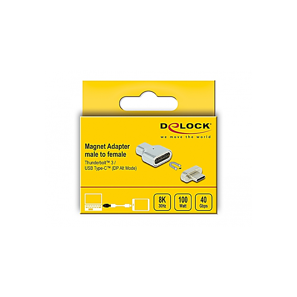 Una scatola gialla e bianca con adattatore magnetico. Testo: 'Magnet Adapter', 'Thunderbolt 3' e 'USB Type-C'. Grafiche: laptop e tablet.