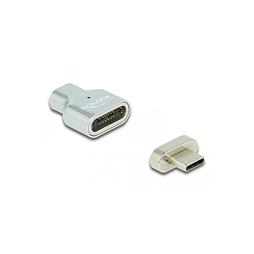 Due connettori argentati su sfondo bianco. Uno è rettangolare con pin, l'altro è un connettore USB-C.