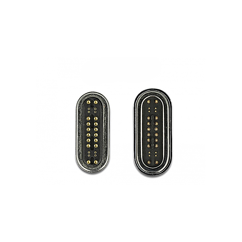 Due componenti elettronici ovali su sfondo bianco. Ognuno presenta più pin dorati all'interno di una cornice grigio scuro.