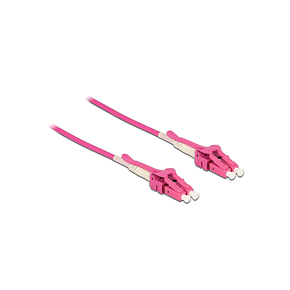 Due cavi in fibra ottica rosa con punte bianche e connettori rosa su sfondo bianco.