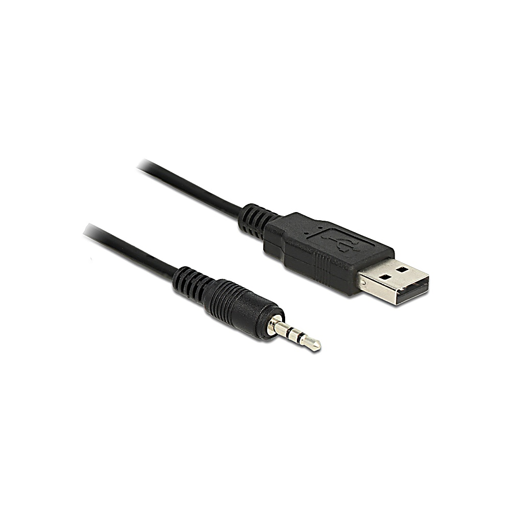 Un cavo audio da USB a 3,5 mm nero. Il connettore USB è a destra, il jack audio a sinistra. Entrambi neri.