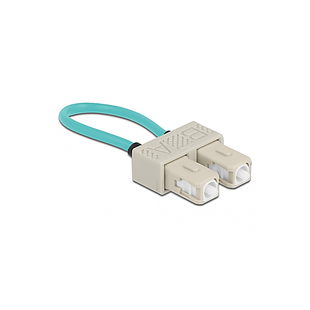 Un accoppiatore in fibra ottica beige con due porte è collegato a un cavo turchese. Lo sfondo è bianco.