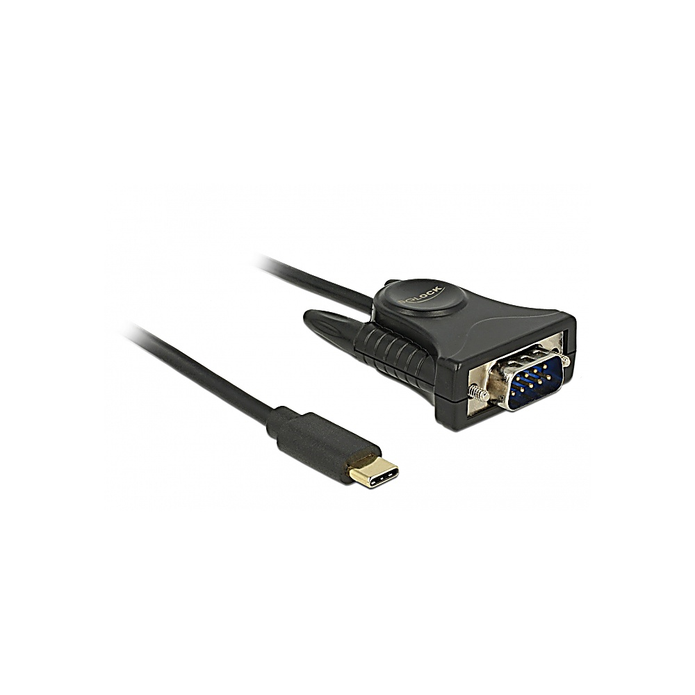 Un cavo seriale da USB-C a DB9 nero, angolato sul connettore DB9. Il connettore DB9 ha dettagli blu. Il cavo è su uno sfondo bianco.