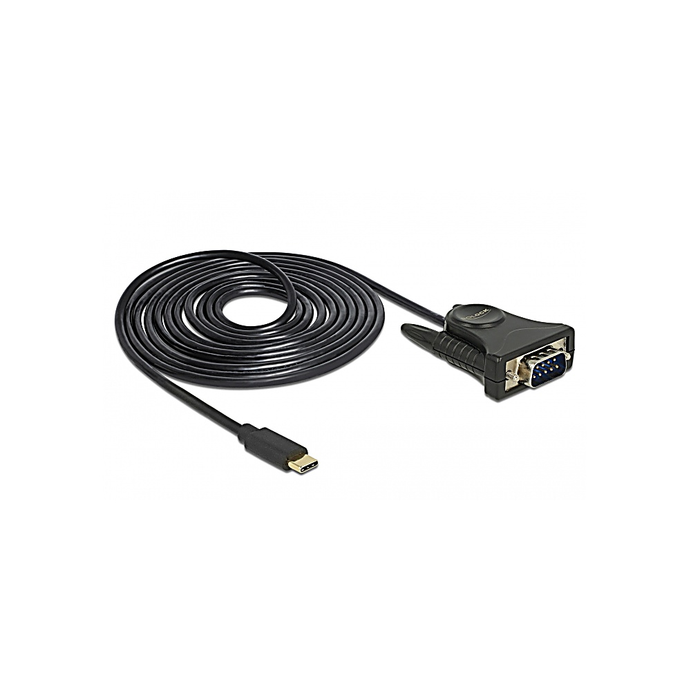 Un cavo nero con connettore USB-C e connettore seriale è arrotolato. I connettori sono rivolti verso l'esterno.
