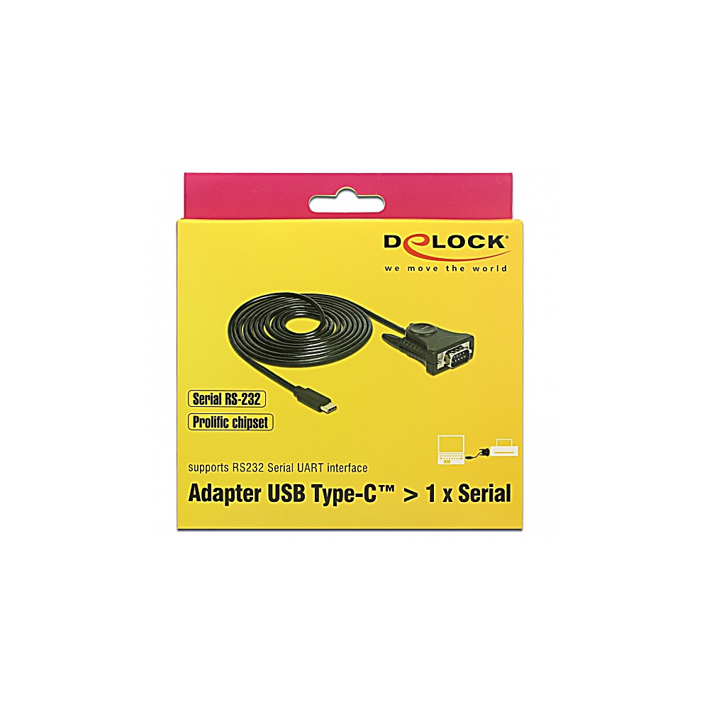 Una scatola gialla e rosa mostra un cavo adattatore nero. Il testo recita: Adattatore USB Tipo-C <gt/> 1 x Serial, Serial RS-232, chipset Prolific.
