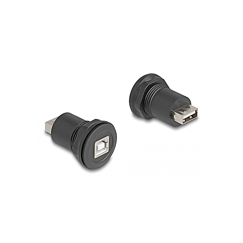 Due connettori USB neri su sfondo bianco. Uno mostra la porta USB, l'altro la porta USB-B. Entrambi sono angolati.