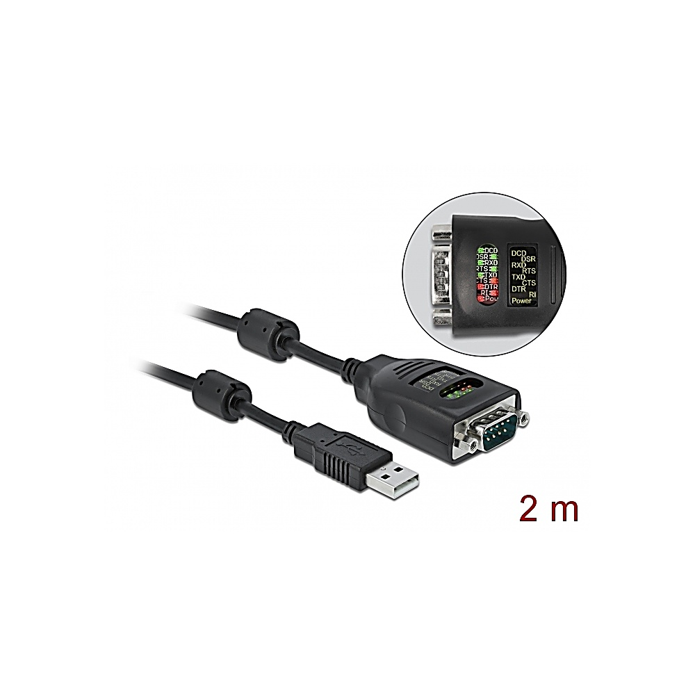 Un cavo da USB a seriale nero con connettore a 9 pin. L'immagine mostra un primo piano dei connettori e del cavo.