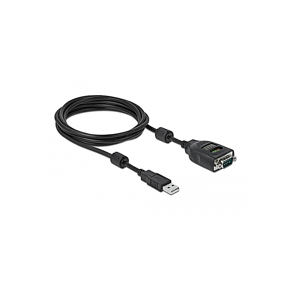 Un cavo da USB a seriale nero è arrotolato su una superficie bianca. Il cavo ha un connettore USB a un'estremità e un connettore seriale all'altra.