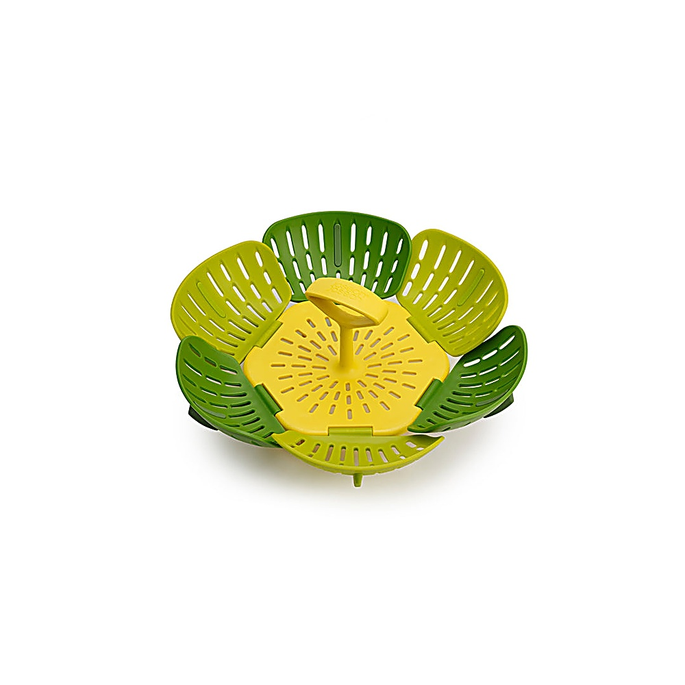 Een bloemvormige stoommand met groene en gele bloemblaadjes, een geel midden en een handvat, tegen een witte achtergrond.