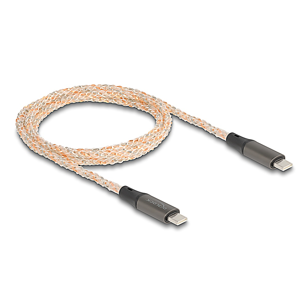 Cavo USB-C intrecciato con connettori grigi. Il cavo è bianco con accenti arancioni e marroni, arrotolato su sfondo bianco.