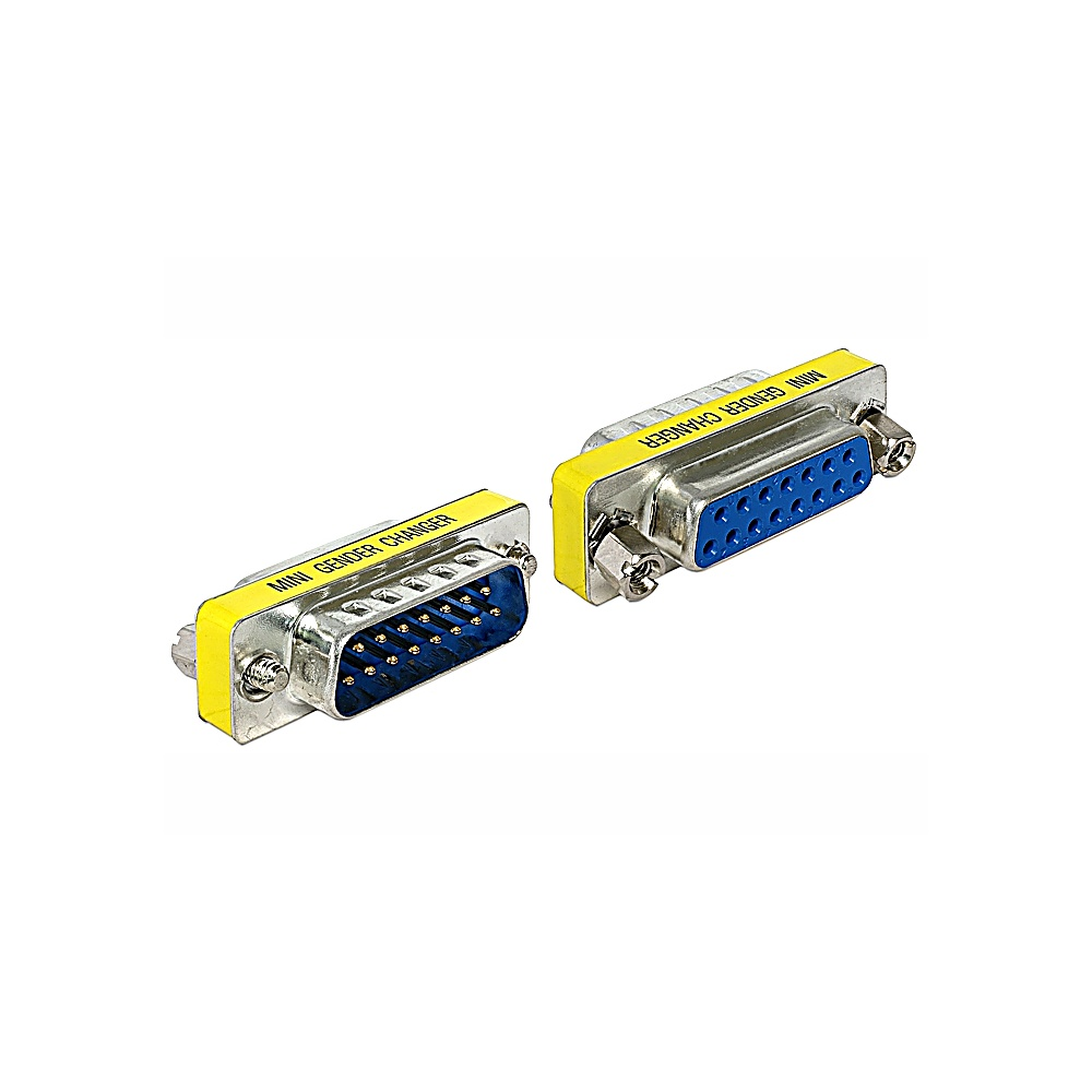 Due connettori mini gender changer argentati e gialli con inserti a spillo blu, su sfondo bianco. I connettori sono uno accanto all'altro.