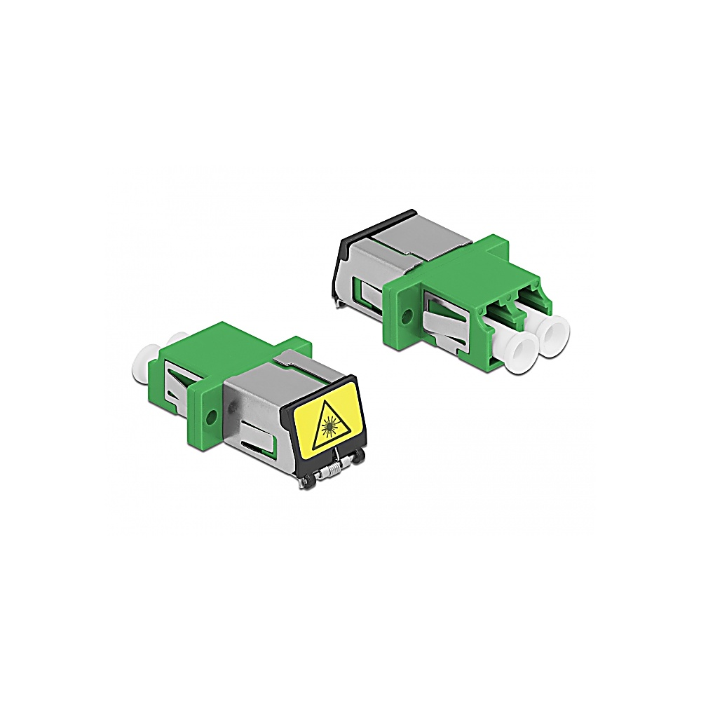 Due connettori in fibra ottica verdi e argento. Uno ha un simbolo di avvertimento laser. Sfondo bianco.