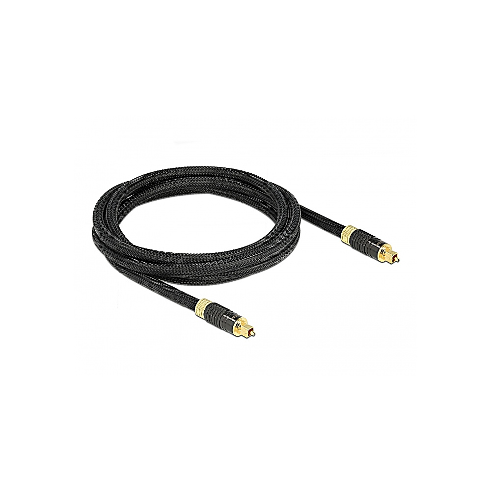 Czarny kabel audio ze złotymi złączami, zwinięty na białym tle. Kabel ma tkaną teksturę.