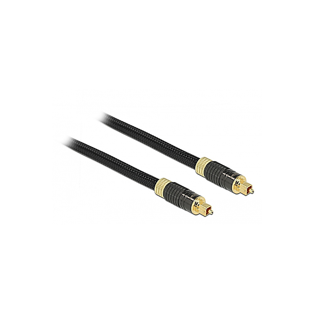 Dwa czarne kable audio ze złotymi złączami leżą ukośnie na białym tle. Kable mają plecioną teksturę.