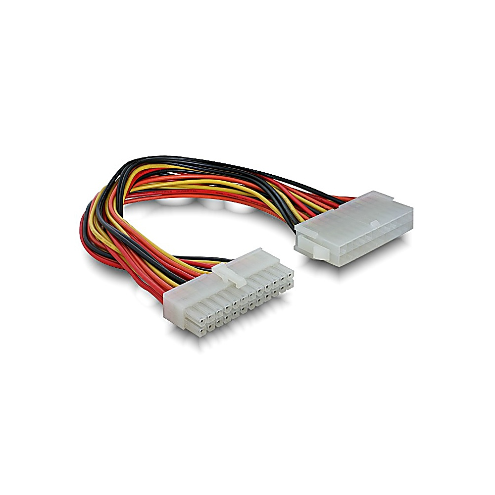 Złącze zasilania z wieloma kolorowymi przewodami (czerwony, żółty, czarny) i dwoma białymi plastikowymi złączami.