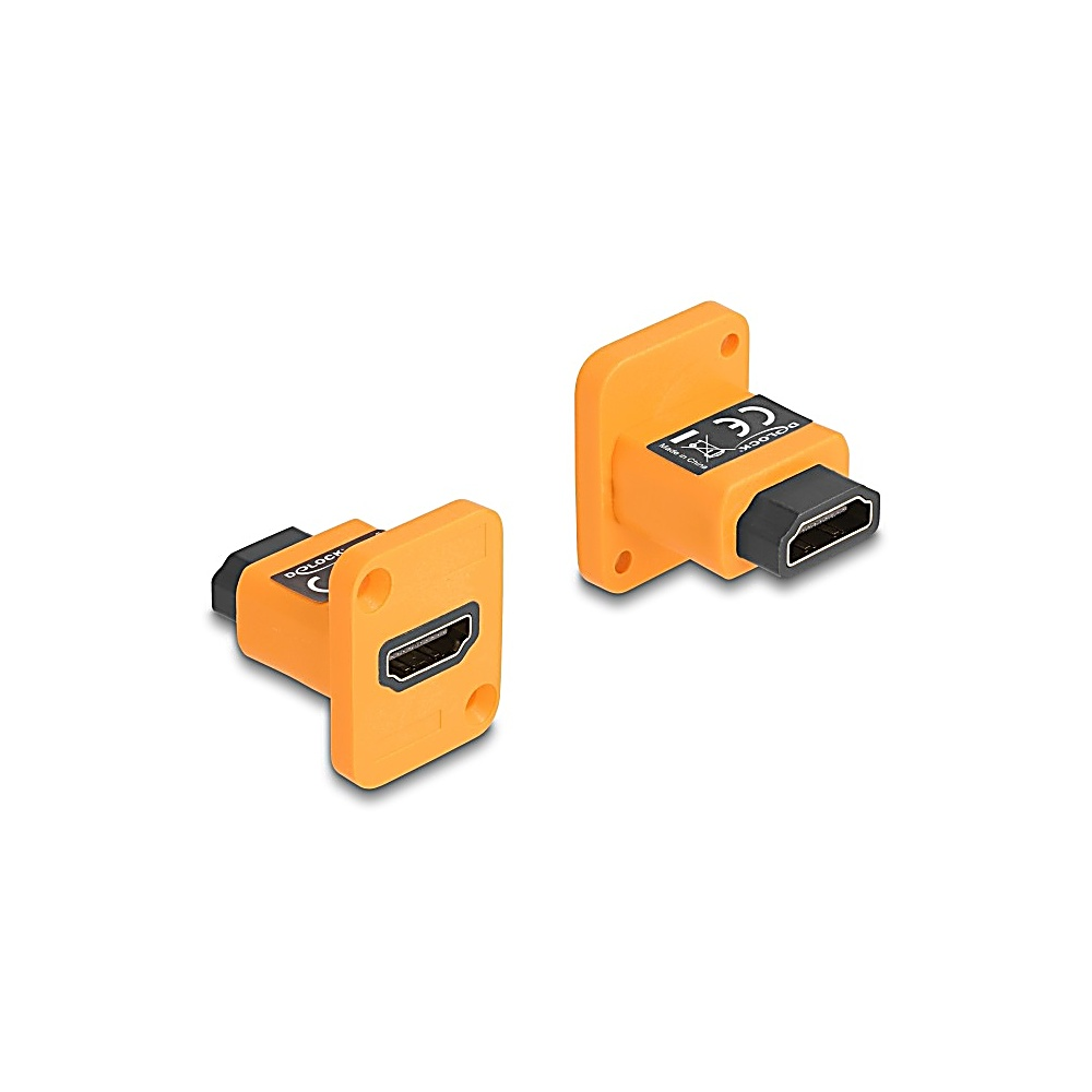 Due connettori HDMI arancioni. Ognuno ha una porta nera, fori di montaggio ed un'etichetta. Lo sfondo è bianco.