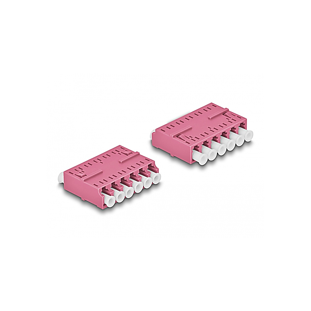 Due connettori in plastica rosa con tubi bianchi, su sfondo bianco. Ogni connettore ha più aperture.