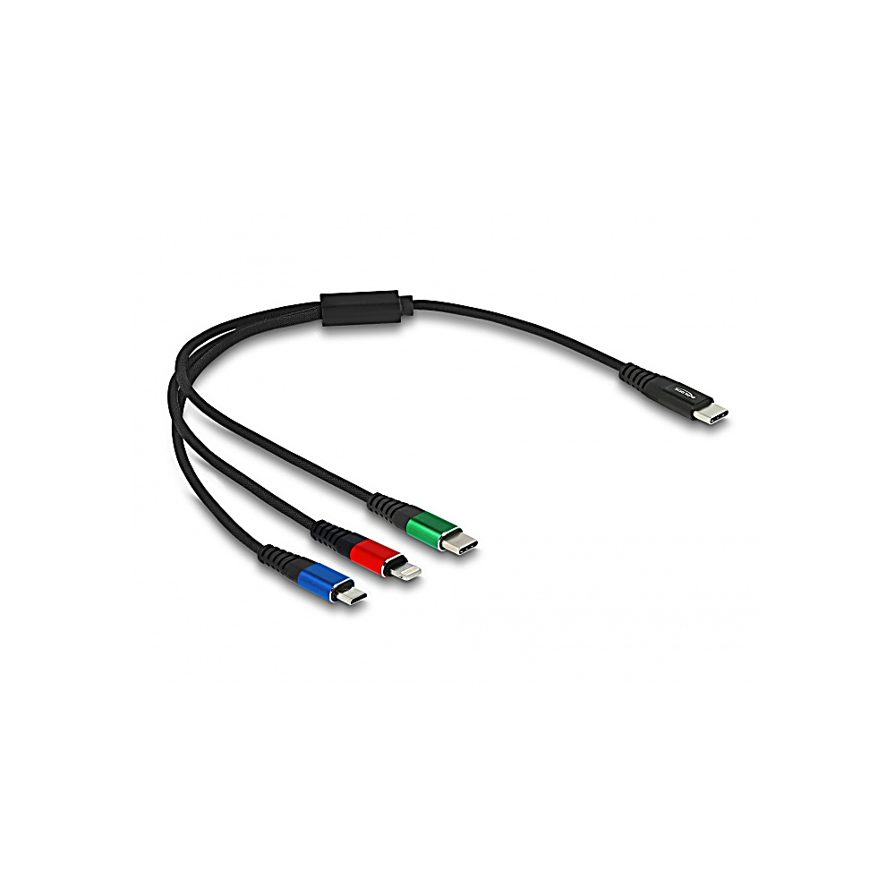 Un cavo nero angolato con tre connettori USB-C colorati (rosso, verde, blu) e un singolo connettore USB-C su sfondo bianco.