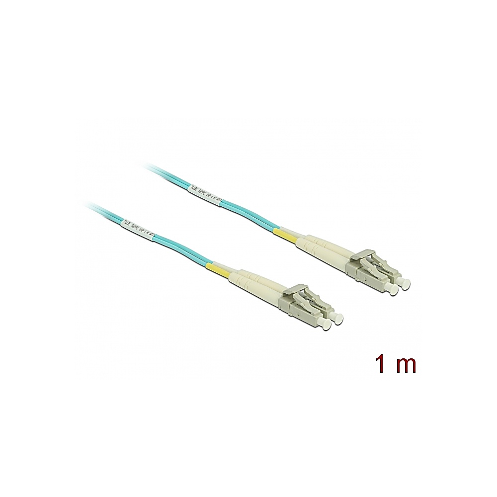 Due cavi in fibra ottica, blu e gialli, con connettori. Testo sui cavi. Un'etichetta indica '1 m'.