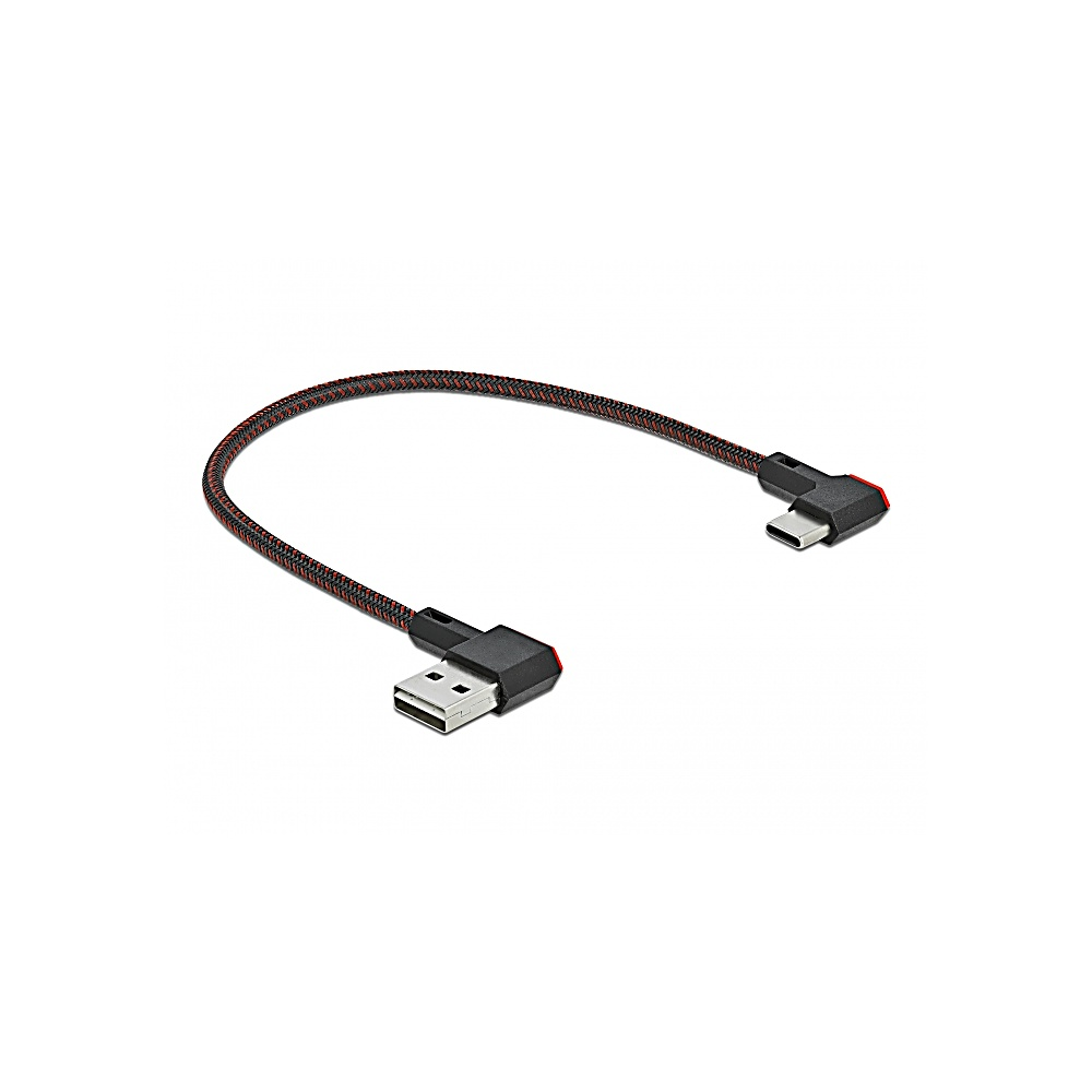 Un cavo USB nero con un cavo intrecciato rosso. Ha un connettore USB-A e un connettore USB-C, entrambi angolati.