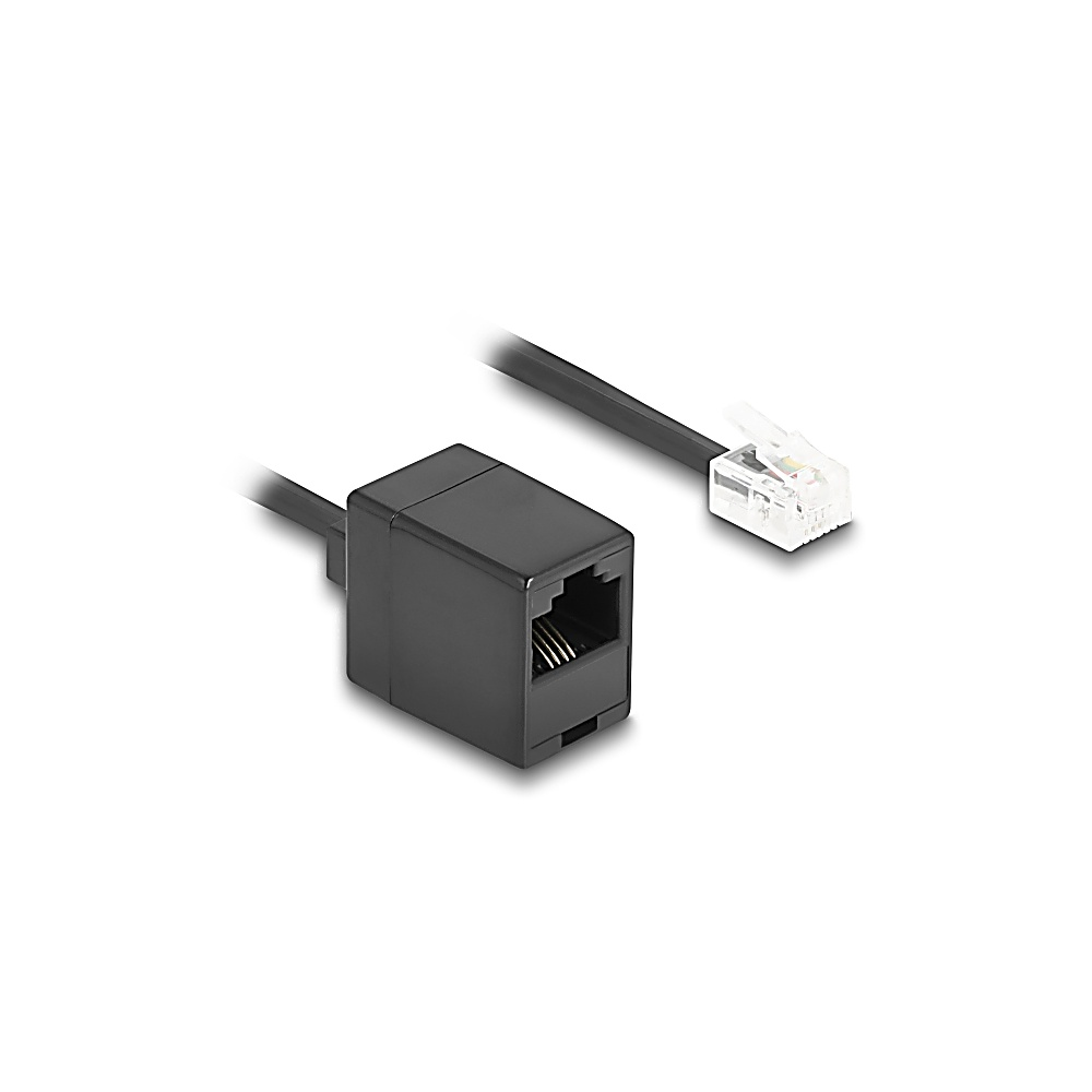 Un accoppiatore RJ45 nero con un cavo nero collegato a un connettore RJ45 trasparente, su sfondo bianco.