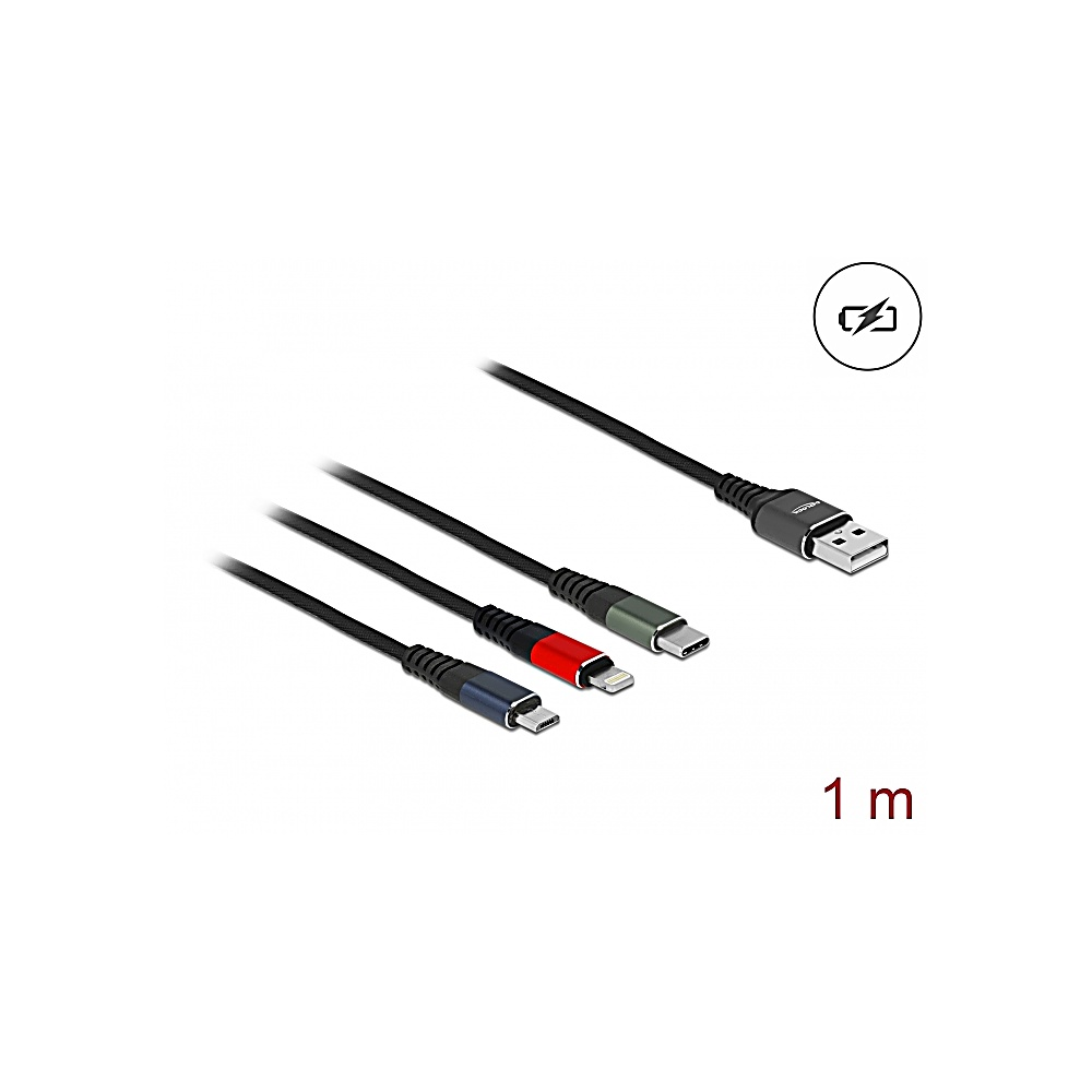 Cuatro cables de carga negros con diferentes conectores: USB, USB-C, Lightning y Micro-USB. Un símbolo de 'sin batería' está presente.