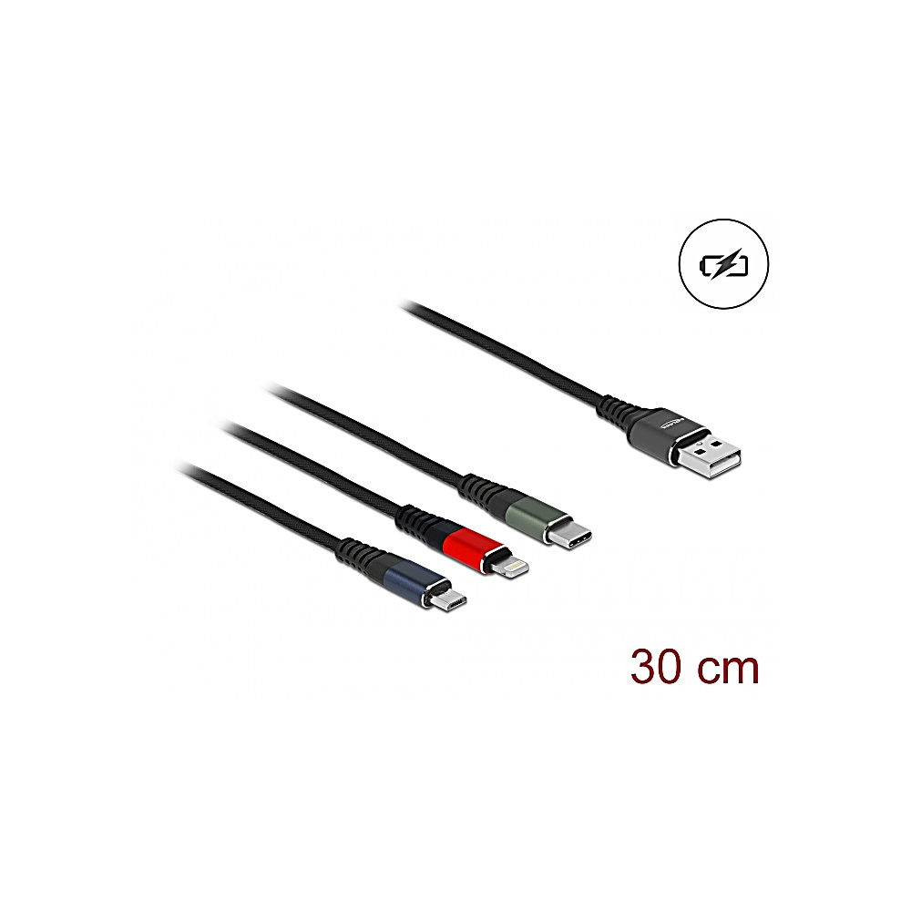 Cables de carga negros con diferentes tipos de conectores. Un conector USB-A a la derecha. Un icono de batería arriba. El texto 30 cm abajo.