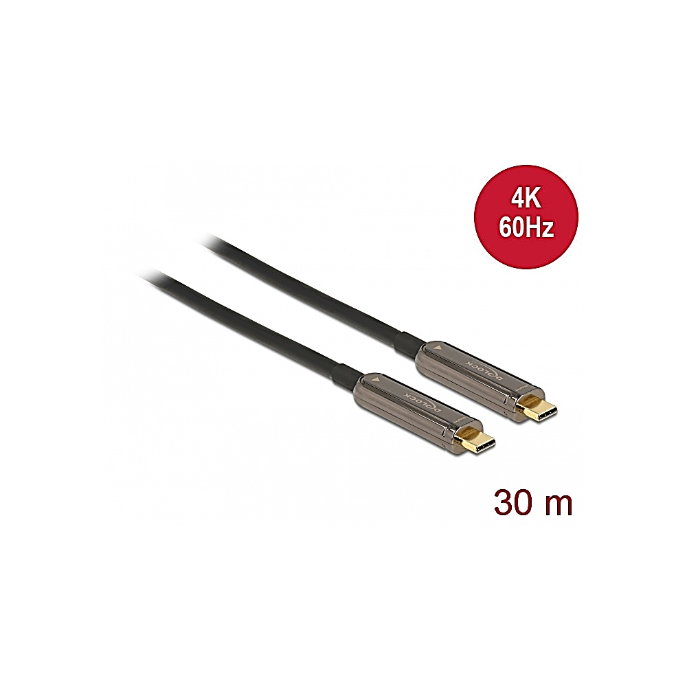 Due cavi neri con connettori grigi. Un cerchio rosso mostra 4K 60Hz. Il testo sottostante dice 30 m.