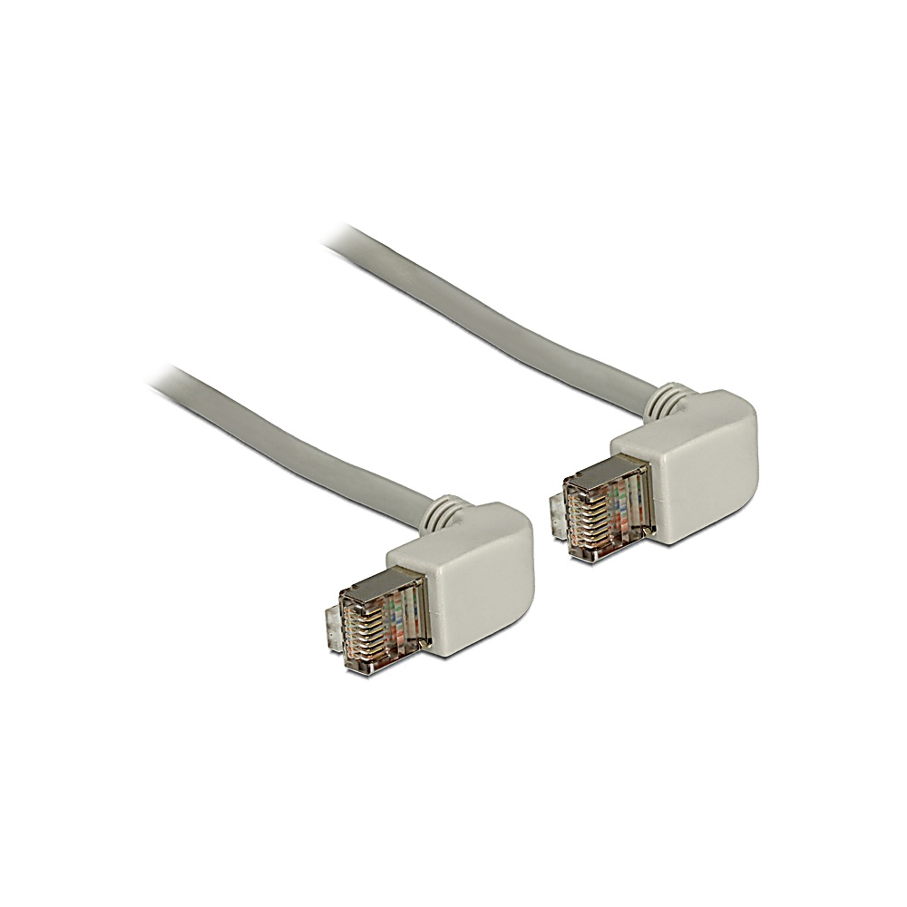 Twee grijze Ethernet-kabels met witte haakse connectoren op een witte achtergrond. De connectoren zijn zilverkleurig met zichtbare pinnen.