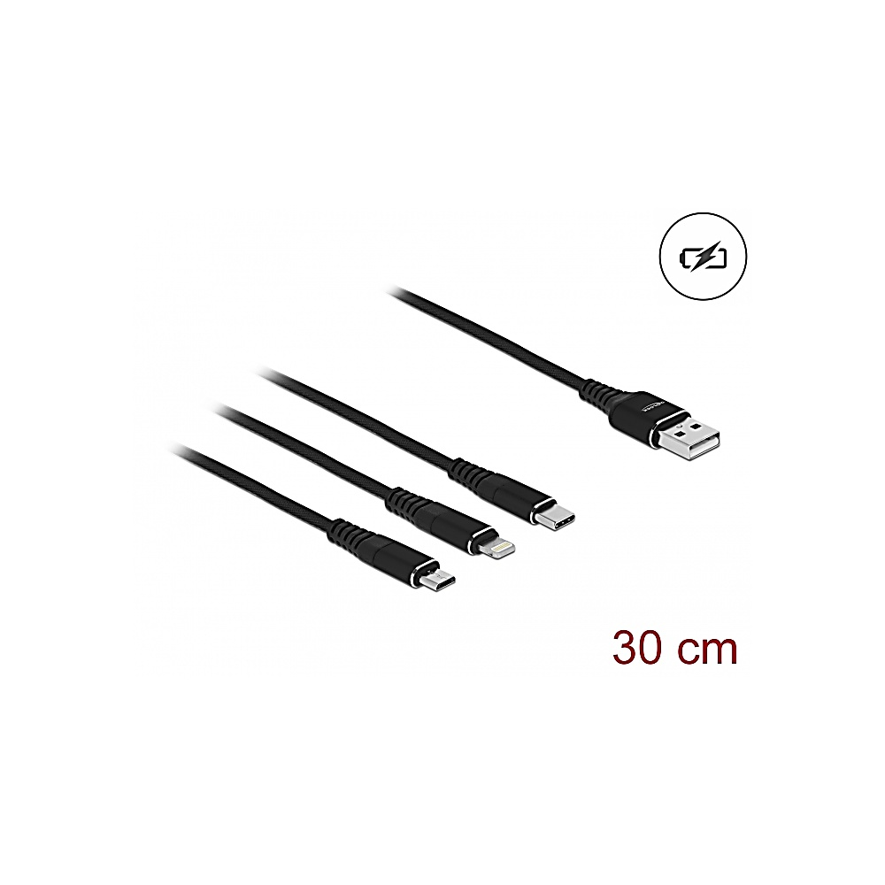 Cables de carga negros con diferentes conectores. Un USB, un Lightning y un USB-C. Un icono de batería en la parte superior derecha.