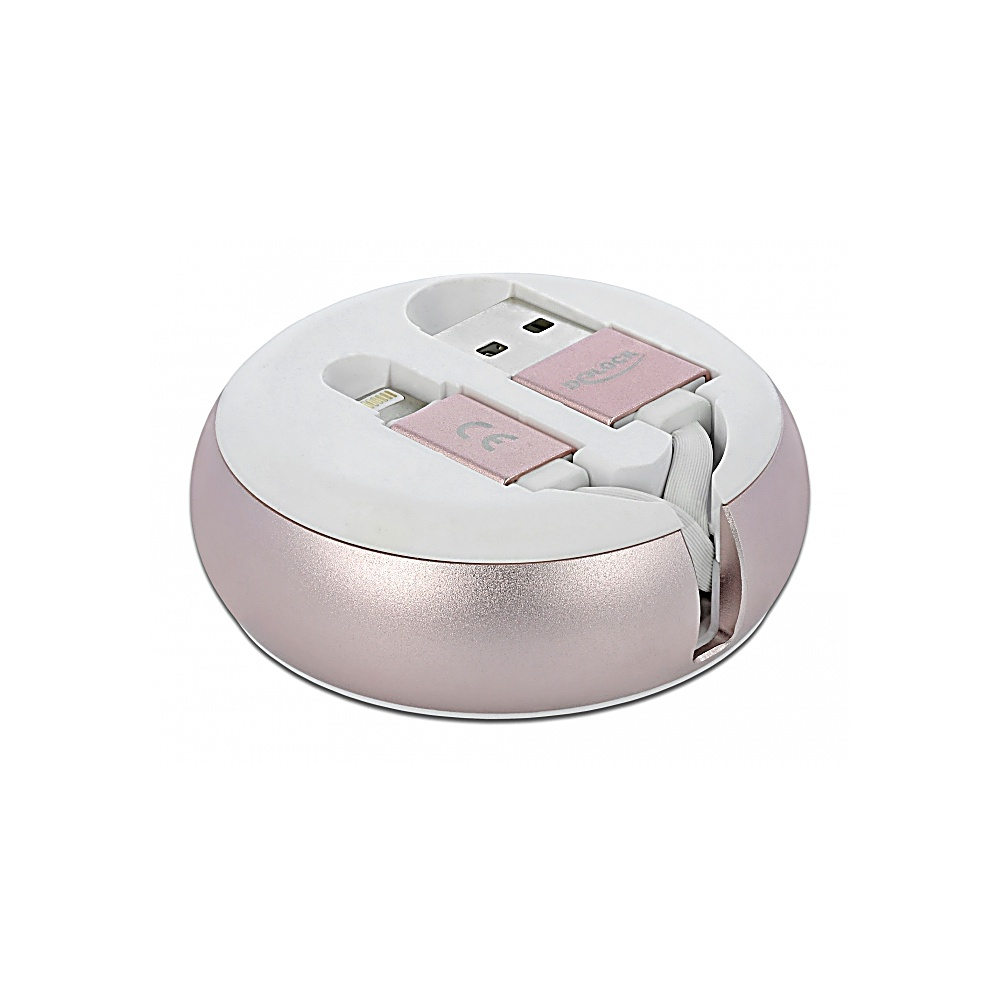 Un organizzatore di cavi rotondo bicolore. La base è oro rosa, la parte superiore bianca. Sono visibili cavi con connettori rosa e una porta USB.