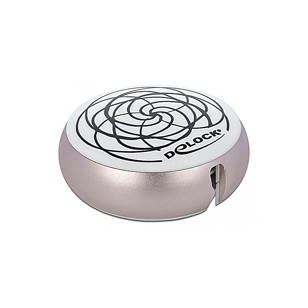 Un dispositivo rotondo e metallico con una parte superiore bianca con un design a spirale nero. La base è rosa metallizzato. Il marchio 'D-LOCK' è visibile.