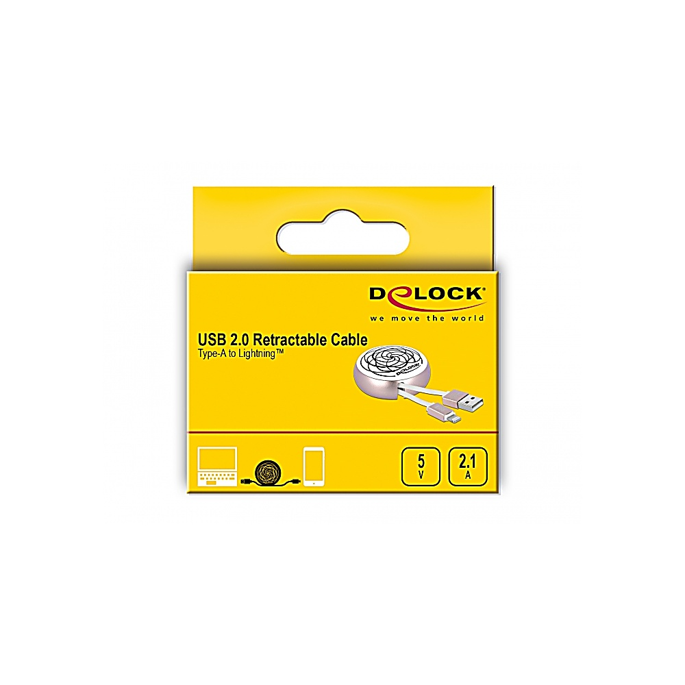 Una scatola gialla con un cavo retrattile USB 2.0. La scatola riporta il nome del prodotto e le specifiche. Il cavo è da Tipo A a Lightning.
